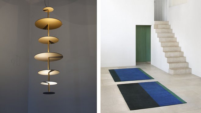 A gauche, lustre Sundial Chandelier, création Maarten De Ceulaer et Alton, édité par la Galeria Nilufar en 2016. A droite, tapis en laine Indigo fera flat, création Maison Marie Mees et Cathérine Biasino, éditée par Van Maele en 2016 (www.thealfredcollection.be).