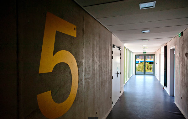 Dans les espaces de circulation, le béton s’offre comme une matière vivante avec une palette de tons qui décline des camaïeux de gris.