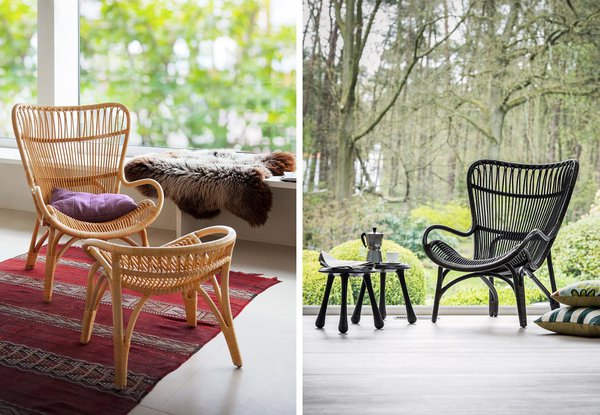 En harmonie avec la nature, avec ses formes généreuses et accueillantes, ce fauteuil a été dessiné par Yuzuru Yamakawa en 1964, privilégiant le confort et l’ergonomie. Fauteuil Highback rotin noir ou naturel, 550 €, repose pied 285 €.