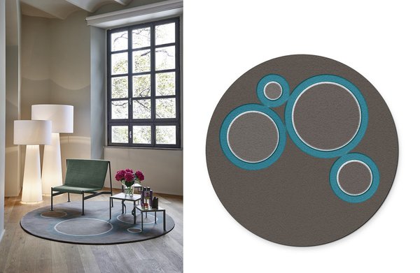 Le tapis rond rejoint naturellement l’esthétique de la Tube chair empruntant les cercles concentriques et l’abstraction de la Tube chair du designer Joe Colombo.