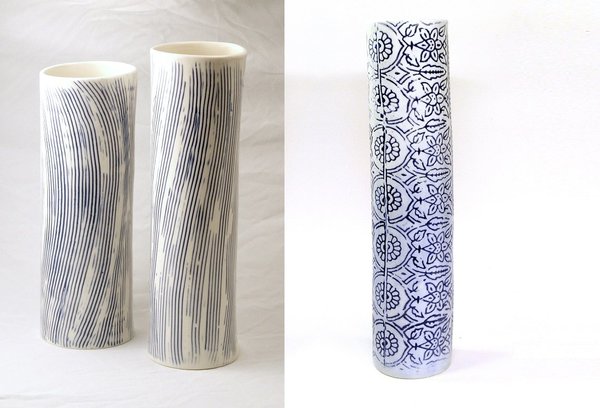 Motifs en creux pour ces vases rayés et animés d’un décor d’indienne réalisés à partir d’un tampon et bloc d’impression textile. Créations Caroline Worner.