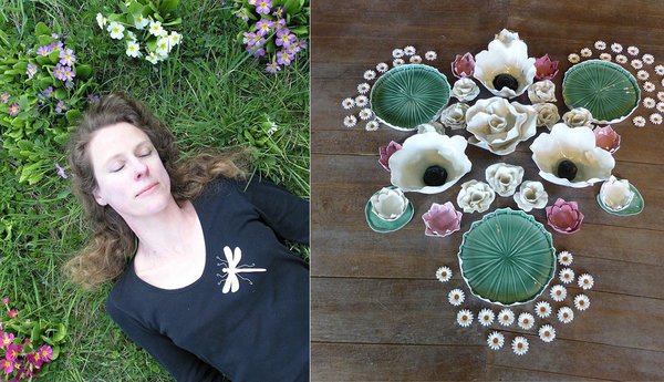 Caroline Worner, une artiste céramiste qui restitue la poésie de la nature. A droite, des créations qui reprennent l’idée de la tradition de la fleurisserie de Vincennes.