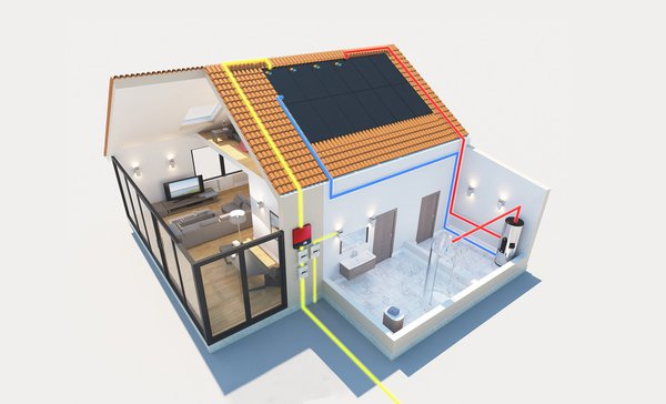 Schéma d'une maison en 3D avec 12 panneaux placés sur le toit.