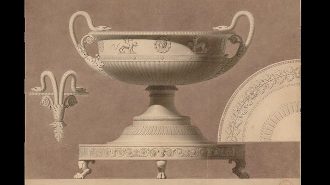 Coupe d’entrée « anses serpents » attribuée à Charles-Jean-Alexandre Moreau, inventeur du modèle et  à Auguste Garneray, dessinateur. Atelier de Jean-Baptiste-Claude Odiot, vers 1810, dessin au graphite, à la plume et à l’encre grise, avec lavis gris et sépia sur papier.