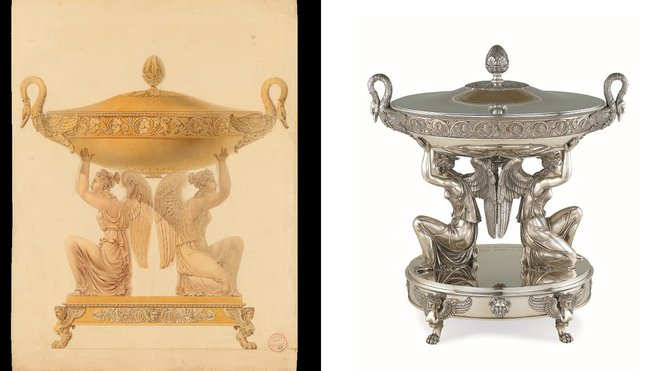 Soupière « femmes à genoux », atelier de Jean-Baptiste-Claude Odiot, vers 1819. Dessin au graphite, à la plume et à l’encre grise, avec lavis ocre sur papier.