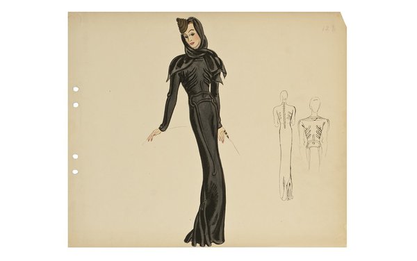 Elsa Schiaparelli, Robe Squelette, 1937, collection Automne-hiver (haute couture) en collaboration avec Salvador Dali, encre et gouache sur papier.