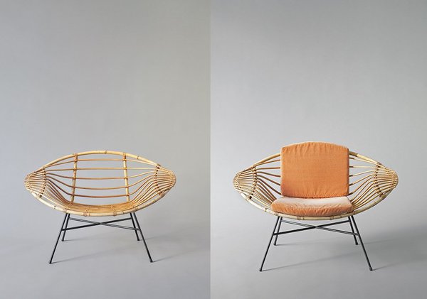 Fauteuil en rotin, présenté au Salon des arts ménagers de 1957, édité par Rougier.