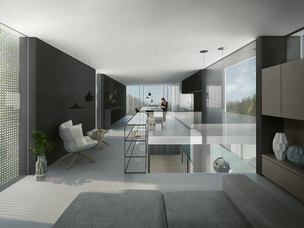 Cette habitation atypique offre une grande pièce à vivre tout en longueur ouverte sur les quatre côtés et bénéficiant de 2 prolongements extérieurs pour l’espace repas et le salon.