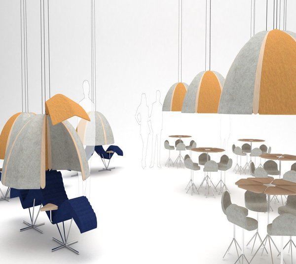 Projet Pozz, création Sebastien Ferrand et Claire Lagriffoul de l’Ecole Bleue. La table T6 est une réponse à la création de convivialité au sein d’une agence ou d’une agence ou d’une entreprise. Elle peut accueillir au maximum six per­sonnes. Le dôme D2 a une double utilité. Il permet de créer une compression au-dessus des tables et une intimité pour les chaises longues.