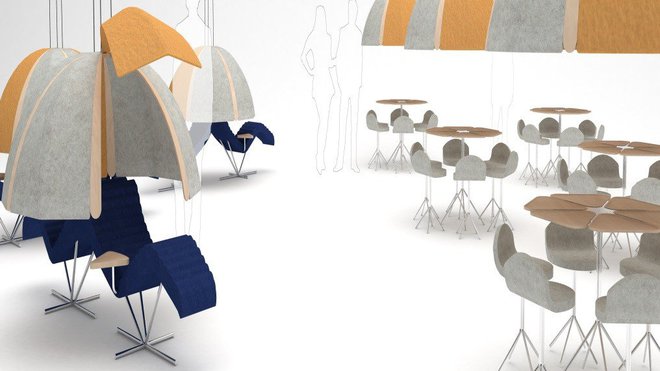 Projet Pozz, création Sebastien Ferrand et Claire Lagriffoul de l’Ecole Bleue. La table T6 est une réponse à la création de convivialité au sein d’une agence ou d’une agence ou d’une entreprise. Elle peut accueillir au maximum six per­sonnes. Le dôme D2 a une double utilité. Il permet de créer une compression au-dessus des tables et une intimité pour les chaises longues.