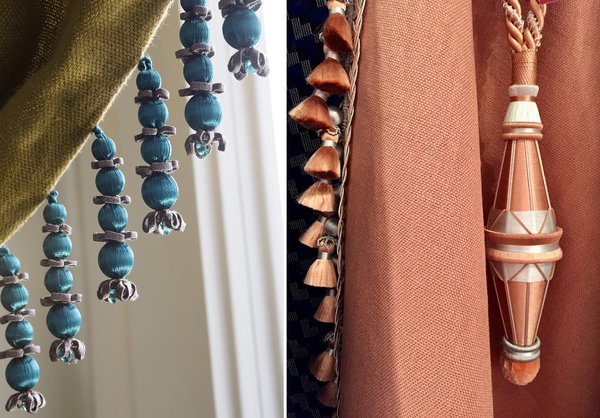 Revisitée. Une collection tout en élégance, qui réinterprète la géométrie et la pureté des lignes du style Art déco avec deux nouveaux coloris, turquoise et nude. Frange perles et embrasse un gland, 12 coloris, collection Palladio, Houlès.