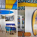 Sur les murs, des planches de surf de shaper et le grand bleu décliné sous tous les tons, du turquoise à l’outremer.