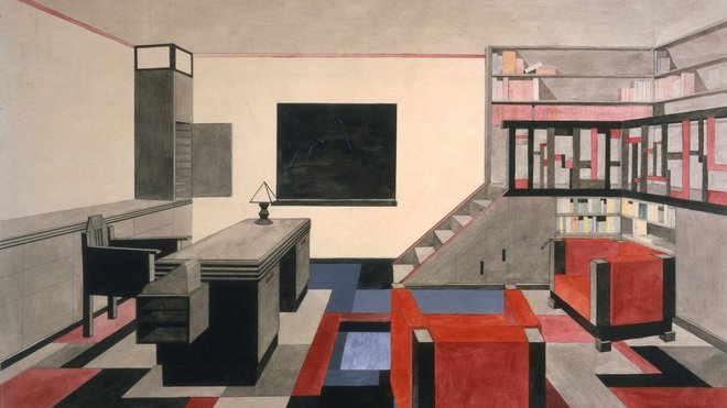 Art Déco. Projet de bureau-bibliothèque pour un directeur d’usine, 1923, architecte Marcel-Louis Baugniet.