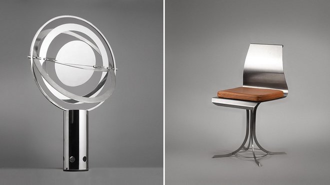 Après un passage aux Puces de Saint-Ouen, les jeunes galeristes Alexandre Goult et Guilhem Faget se sont imposés parmi les spécialistes du mobilier et des luminaires français et italiens des années 1950 à 1970. Cette lampe est exposée jusqu’au 15 avril 2017, au sein de la collection inox de ce designer peu connu du grand public, mais très seventies. Lampe Saturne et chaise Tripode, création Xavier Feal, 1970, Galerie Meubles et Lumières.