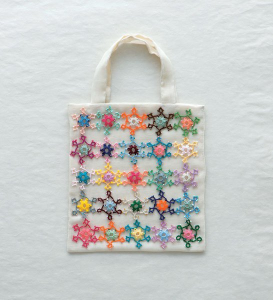 Un sac recouvert de motifs en frivolité de fils de couleur