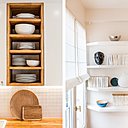 Dans la cuisine, une colonne de rangement permet d’avoir la vaisselle et les assiettes à portée de main. A gauche de la cheminée, une petite bibliothèque avec des tablettes à l’angle biaisé pour ouvrir la fenêtre.