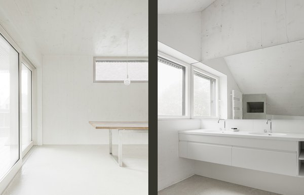 L’intérieur dépouillé des pièces est laissé en béton brut ou simplement peint en blanc.