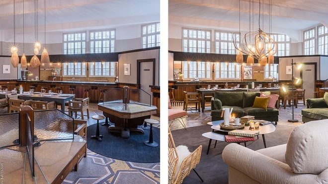 Les anciennes tables d’écriture ponctuent la pièce centrale qui a conservé son architecture d’intérieure et ses détails Art déco. Les anciennes tables d’écriture ponctuent la pièce centrale qui a conservé son architecture d’intérieure et ses détails Art déco.