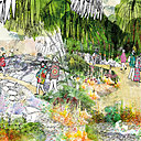 Regorgeant de pollen, Apis vertigo, un jardin qui dessine un paysage argenté aux plantes pâles et acérées sur des roches grises où les fleurs du chardon doré dominent. Le cœur de ces carlines acaules offre un prodigieux nectar. Réalisation Albane Poirier-Clerc, Hermine de Chavanes et Juliette Guénard ingénieurs paysagistes, France.