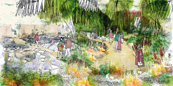 Regorgeant de pollen, Apis vertigo, un jardin qui dessine un paysage argenté aux plantes pâles et acérées sur des roches grises où les fleurs du chardon doré dominent. Le cœur de ces carlines acaules offre un prodigieux nectar. Réalisation Albane Poirier-Clerc, Hermine de Chavanes et Juliette Guénard ingénieurs paysagistes, France.