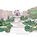 Le trône des fleurs évoque le pouvoir des fleurs et du jardinier grâce à un cheminement en bois coloré qui contourne des bannières fleuries et accède à un jardin exubérant  avec des floraisons mauves, roses, blanches ou jaunes en association avec une nappe végétale de galets. Réalisation Thibault Adam, paysagiste concepteur et jardinier, Yoann Molard-Auclair, jardinier-paysagiste et concepteur et Rémi Boutin, ébéniste scénographe, France.