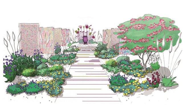 Le trône des fleurs évoque le pouvoir des fleurs et du jardinier grâce à un cheminement en bois coloré qui contourne des bannières fleuries et accède à un jardin exubérant  avec des floraisons mauves, roses, blanches ou jaunes en association avec une nappe végétale de galets. Réalisation Thibault Adam, paysagiste concepteur et jardinier, Yoann Molard-Auclair, jardinier-paysagiste et concepteur et Rémi Boutin, ébéniste scénographe, France.