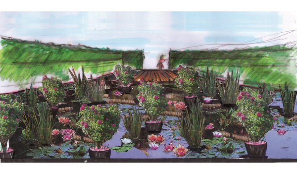 Les belles eaux dormantes, un hommage aux roses dans tous leurs états et confrontées à d’autres floraisons. Réalisation de Sylvestre Lieutier, architecte paysagiste, France.