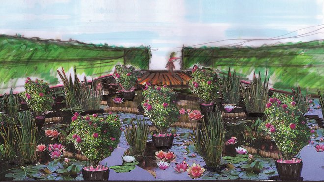 Les belles eaux dormantes, un hommage aux roses dans tous leurs états et confrontées à d’autres floraisons. Réalisation de Sylvestre Lieutier, architecte paysagiste, France.