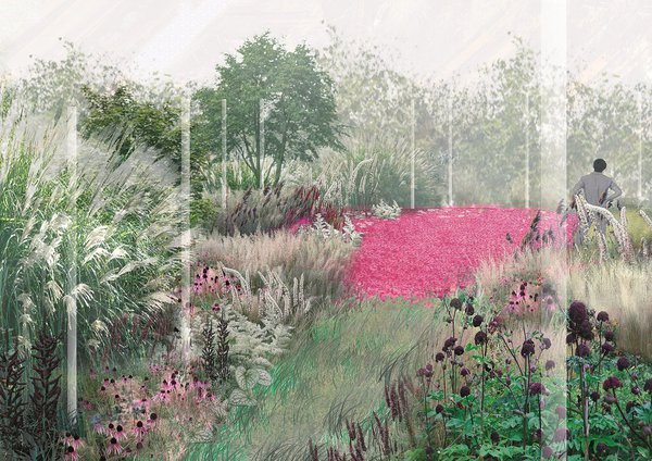 Eternelles éphémères, un espace où cohabitent graminées et plantes vivaces aux inflorescences multiples, mêlant aux fleurs séchées, envolées et graines semées qui ramènent vers la fuite du temps et une clairière de fleurs minérales. Réalisation Emeline Brossard, paysagiste DPLG et Lucie Bulot, architecte HMONP, France.