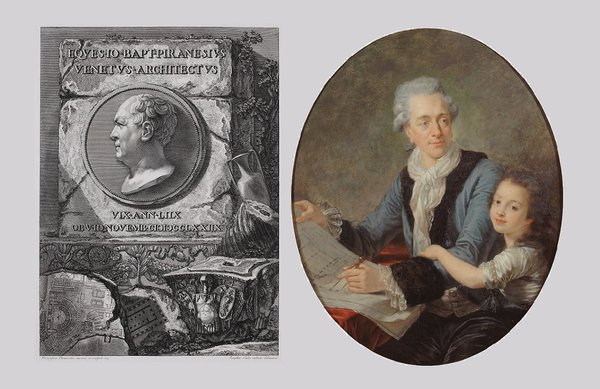 A gauche, portrait de Giovanni-Battista Piranesi (1720-1797), Giuseppe Cades, graveur, d’après Francesco Piranesi, eau-forte, 1779. A droite, portrait de Claude-Nicolas Ledoux (1736-1806), attribué à Antoine François Callet, huile sur toile, vers 1780.