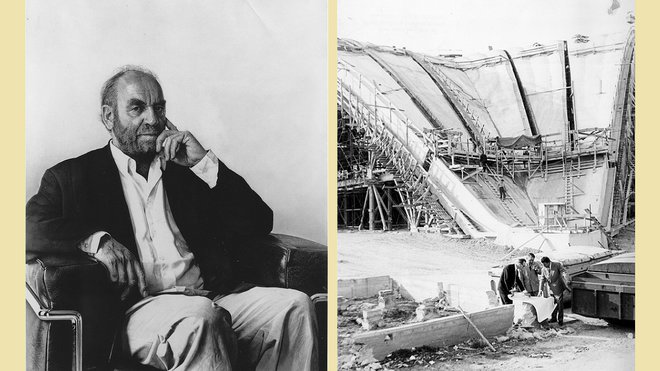 A gauche, portrait de Claude Vasconi, Jean Hucleux, 1991, mine de plomb sur papier Canson. A droite, Bernard Zehrfuss, Robert Camelot et Jean de Mailly devant la voûte en chantier du Centre national des industries et des techniques (CNIT), Paris, La Défense, non daté (cliché Jally).