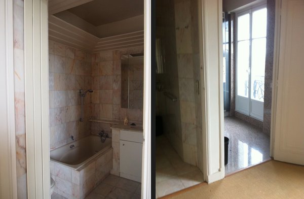 Avant : une salle de bains trop petite, nappée avec un marbre rose démodé et aménagée à côté de la cuisine qui donnait également sur la chambre.