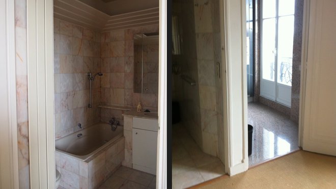 Avant : une salle de bains trop petite, nappée avec un marbre rose démodé et aménagée à côté de la cuisine qui donnait également sur la chambre.