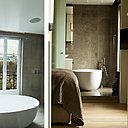 La salle de bains est dotée d’une baignoire en forme d’œuf. Son sol surélevé a permis d’installer une douche à l’italienne au même niveau. Réalisation, Cascade.
