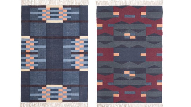 Les créations textiles des designers suédois sont uniques et fabriquées selon un procédé artisanal de tissage sur métier manuel et de colorations subtiles avec des pigments naturels. Tapis Ostra, création Studio Oyyo.
