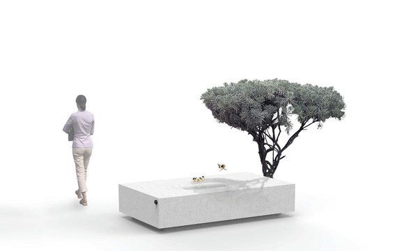 Banc frais est un projet de banc monumental en béton qui permet aux utilisateurs de bénéficier d’une assise réfrigérée, grâce à une vasque creuse en son centre reliée au réseau d’eau de la ville.