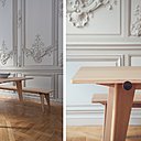 Table et le banc Haritz qui signifie « chêne » en basque. Plateau aérien et pieds en forme de compas. Dimensions de la table : L 180, 210 et 230 x l 95 x H 76 cm. Dimensions du banc : L 200 x l 35 x H 44 cm. Création Pool pour Versant Edition.