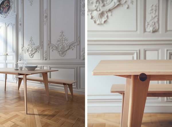 Table et le banc Haritz qui signifie « chêne » en basque. Plateau aérien et pieds en forme de compas. Dimensions de la table : L 180, 210 et 230 x l 95 x H 76 cm. Dimensions du banc : L 200 x l 35 x H 44 cm. Création Pool pour Versant Edition.