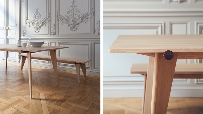 Table et le banc Haritz qui signifie « chêne » en basque. Plateau aérien et pieds en forme de compas. Dimensions de la table : L 180, 210 et 230 x l 95 x H 76 cm. Dimensions du banc : L 200 x l 35 x H 44 cm. Création Pool pour Versant Edition.