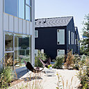 Au rez-de-chaussée, les maisons disposent de terrasses encadrées par des végétaux qui dessinent une barrière légère et naturelle.