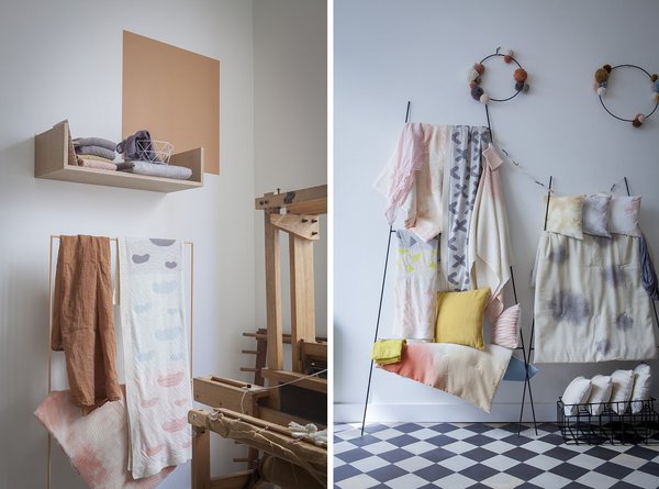 Aurélia réalise ses teintures dans son atelier boutique du 11ème arrondissement de Paris, où sont aussi tissées certaines pièces et présentée l’ensemble de sa collection.