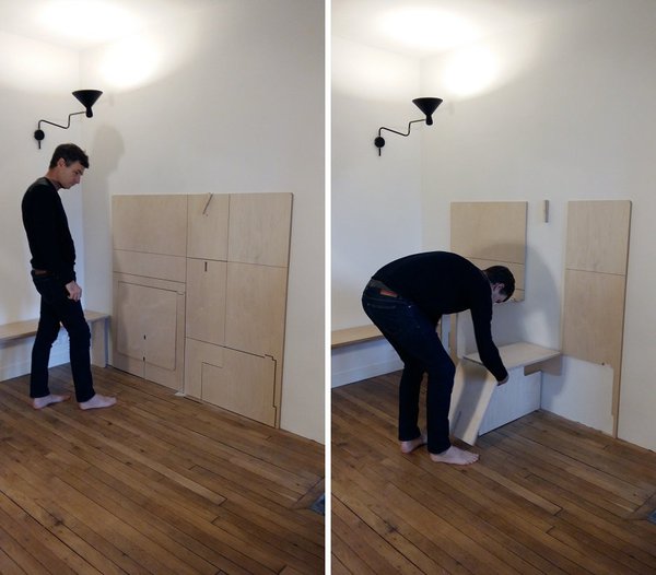 Pour cet appartement de 35 m², Les Optimistes éditions ont créé une table extensible avec des sièges qui, lorsqu’ils ne sont pas utilisés, épousent simplement le mur en aplats.