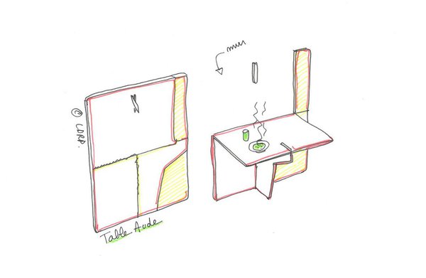 Croquis de la table pliante Aude qui se replie sur le mur. Elle peut être utilisée dans une cuisine ou comme bureau d’appoint dans une chambre. Elle se fixe au mur par 6 vis invisibles. Création Les Optimistes éditions.