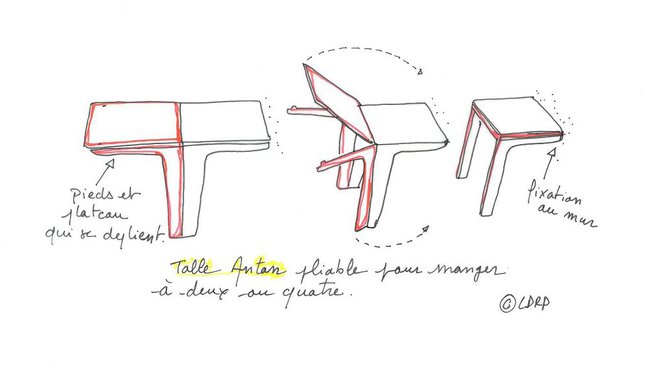 Croquis de la table Anton qui permet de passer de 2 à 4 convives. Création Les Optimistes éditions.