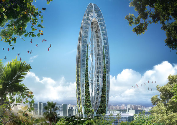 Le projet non retenu de la Bionic Arch sur l’île de Taïwan consistait en une tour verte plus élevée que la montagne de Dadu. Conçue comme un arc bionique, elle intègre toutes les technologies durables. Son design présente une géométrie aérodynamique inspirée de la nature dans l'axe des vents dominants et offre du haut de ses 380 mètres, une vue panoramique sur le détroit de Taïwan et le port de Taichung.