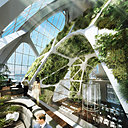 Telle une forêt urbaine verticale, la tour taïwanaise Bionic Arch recycle l'atmosphère et le brouillard de Taichung. Toutes les installations et équipements (salles d'exposition, hall, centre d'information, hall d'entrée, magasins, restaurants, observatoires, laboratoires et bureaux) composent de vrais jardins suspendus dans le ciel.