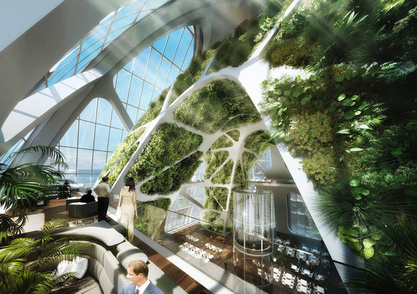 Telle une forêt urbaine verticale, la tour taïwanaise Bionic Arch recycle l'atmosphère et le brouillard de Taichung. Toutes les installations et équipements (salles d'exposition, hall, centre d'information, hall d'entrée, magasins, restaurants, observatoires, laboratoires et bureaux) composent de vrais jardins suspendus dans le ciel.