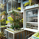 Le module de base des maisons passives haïtiennes de Coral Reef, est simplement constitué de deux maisons passives (à ossature métallique et aux parements en bois tropicaux) imbriquées en duplex autour d’une circulation horizontale transversale reliant chaque unité.