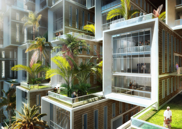 Le module de base des maisons passives haïtiennes de Coral Reef, est simplement constitué de deux maisons passives (à ossature métallique et aux parements en bois tropicaux) imbriquées en duplex autour d’une circulation horizontale transversale reliant chaque unité.