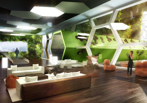 Les murs du Dragonfly à New-York forment une «double-peau» en résille de nid d'abeille qui exploite au maximum l'énergie solaire passive en accumulant l'air chaud l'hiver et en rafraichissant l'atmosphère par ventilation naturelle et par évapotranspiration des plantes l'été. Chaque mur et chaque plafond est métamorphosé en potager tridimensionnel. Les façades intérieures des logements et des bureaux offrent des balcons hydroponiques à section hexagonale multipliant les couches de cultures par étage.